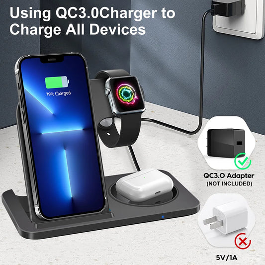 20W Schnelles Drahtloses Ladegerät-Ständer für iPhone 15, 14, 13, 12, 11 Pro XS XR X 8, Apple Watch 9, 8, 7 SE 6 und AirPods Pro 3 – 3-in-1 Ladepad