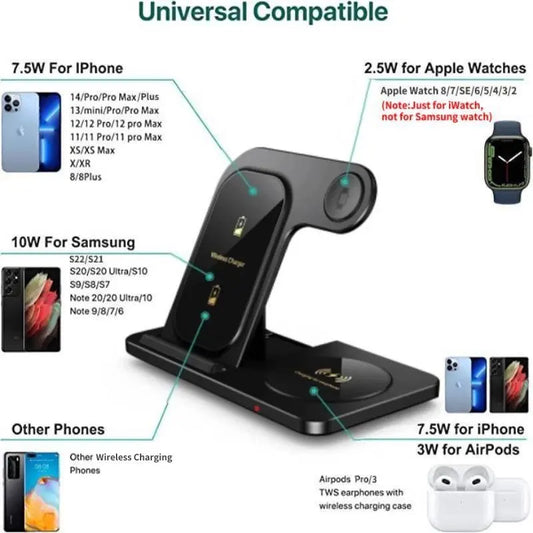20W Schnelles Drahtloses Ladegerät-Ständer für iPhone 15, 14, 13, 12, 11 Pro XS XR X 8, Apple Watch 9, 8, 7 SE 6 und AirPods Pro 3 – 3-in-1 Ladepad